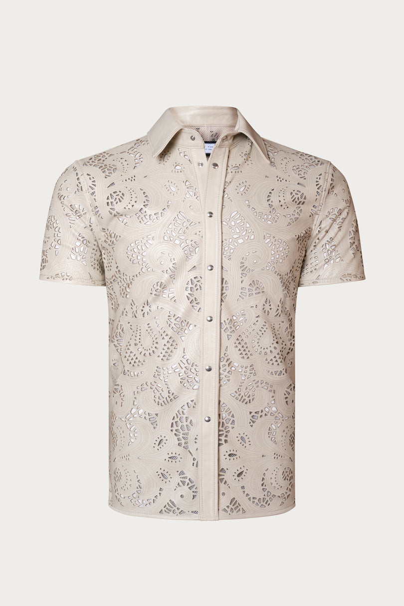 Men's Cut-out Laser Leather Shirt - Beige - Ron Tomson Leather