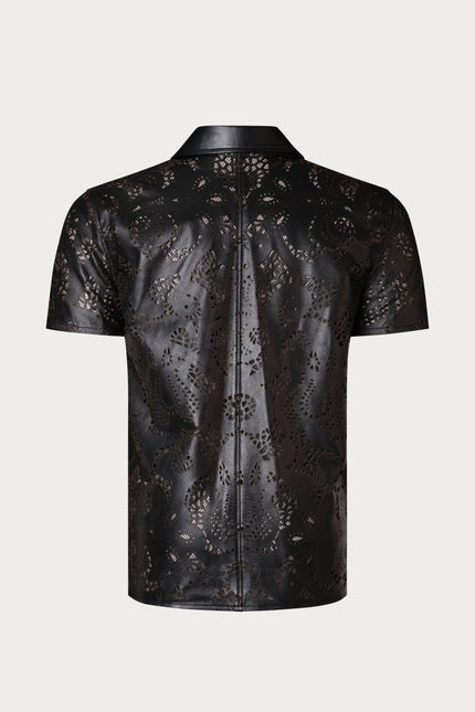Men's Cut-out Laser Leather Shirt - Black - Ron Tomson Leather