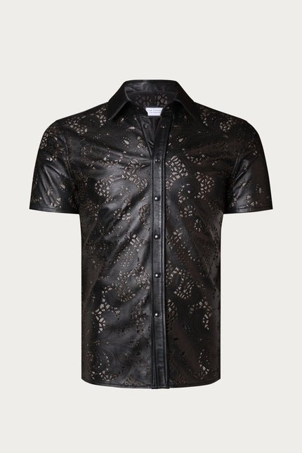 Men's Cut-out Laser Leather Shirt - Black - Ron Tomson Leather