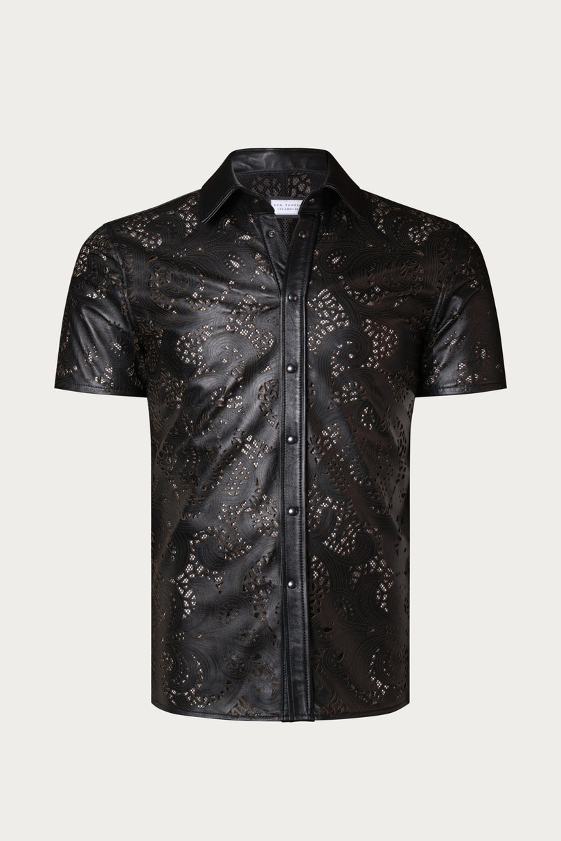 Men's Cut-out Laser Leather Shirt - Black - Ron Tomson Leather