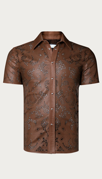 Cut - out & See - through Leather Shirt - Brown - Ron Tomson