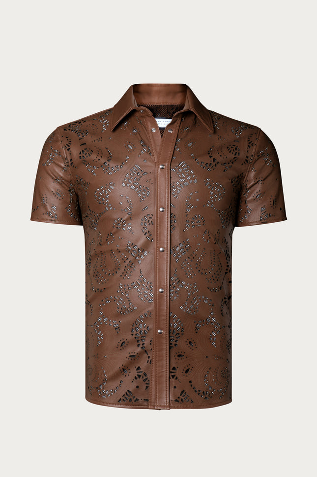 Men's Cut-out Laser Leather Shirt - Brown - Ron Tomson