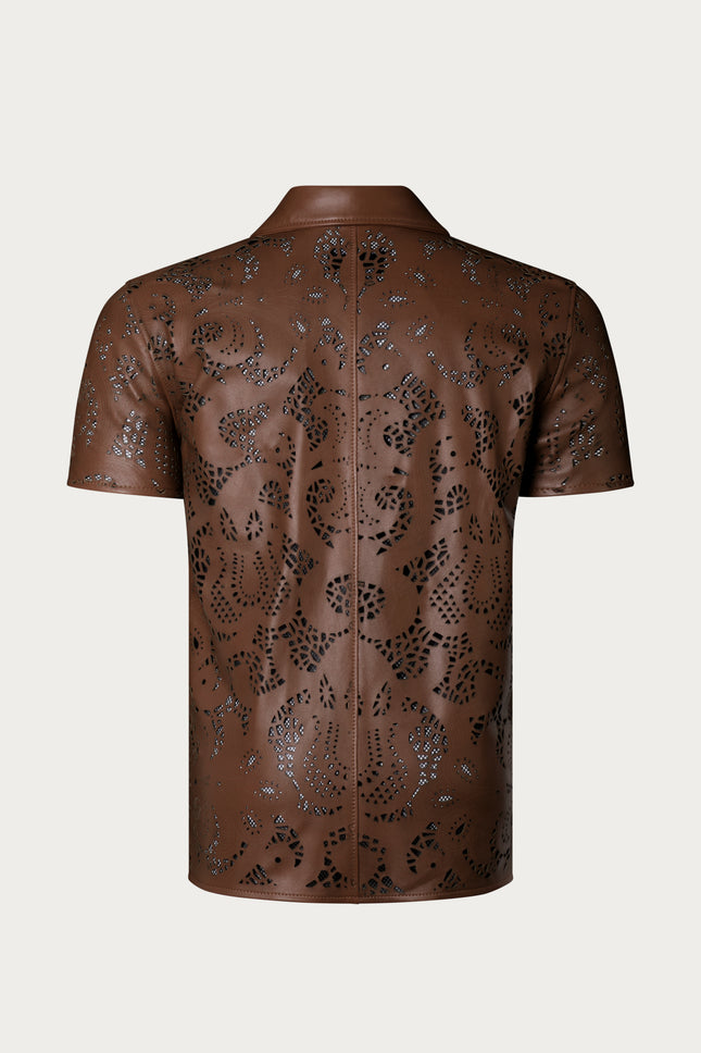 Men's Cut-out Laser Leather Shirt - Brown - Ron Tomson Leather