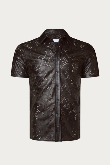 Men's Cut-out Laser Leather Shirt - Dark Brown - Ron Tomson Leather