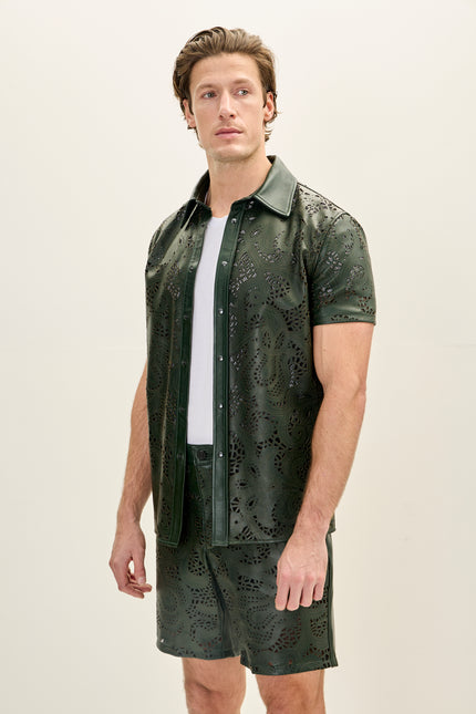 Men's Cut-out Laser Leather Shirt - Green - Ron Tomson Leather