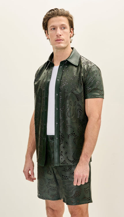 Cut - out & See - through Leather Shirt - Green - Ron Tomson