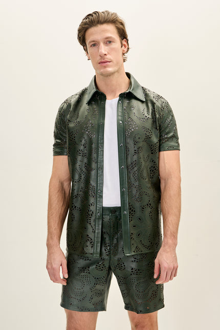 Men's Cut-out Laser Leather Shirt - Green - Ron Tomson