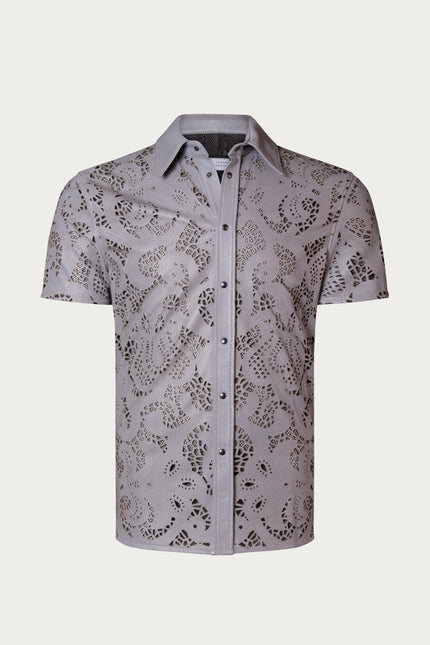Men's Cut-out Laser Leather Shirt - Grey - Ron Tomson Leather