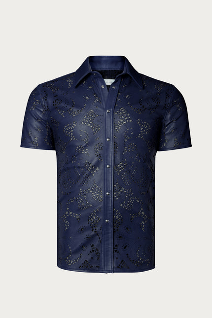 Men's Cut-out Laser Leather Shirt - Navy - Ron Tomson Leather