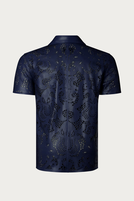 Men's Cut-out Laser Leather Shirt - Navy - Ron Tomson Leather