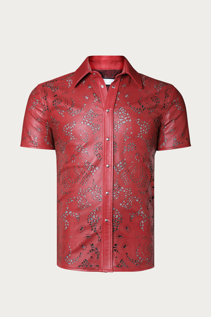 Men's Cut-out Laser Leather Shirt - Red - Ron Tomson Leather