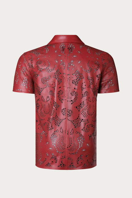 Men's Cut-out Laser Leather Shirt - Red - Ron Tomson Leather