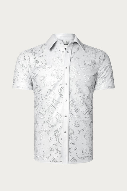Men's Cut-out Laser Leather Shirt - White - Ron Tomson Leather