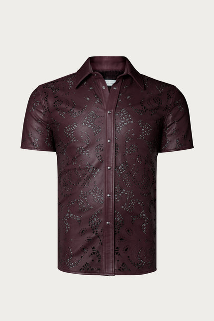 Men's Cut-out Laser Leather Shirt - Wine - Ron Tomson Leather