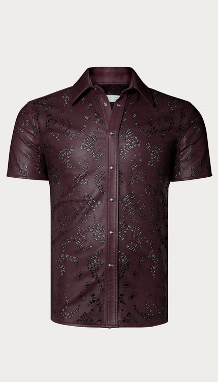 Cut - out & See - through Leather Shirt - Wine - Ron Tomson