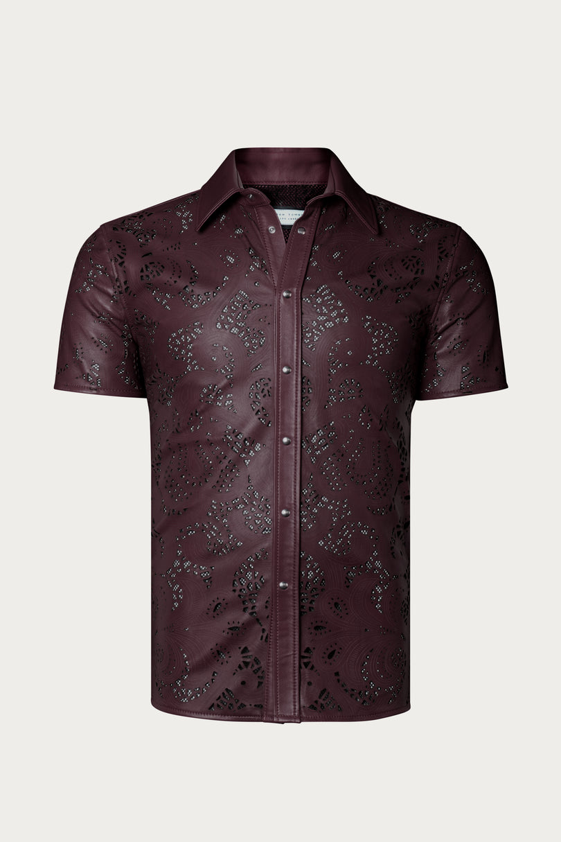 Men's Cut-out Laser Leather Shirt - Wine - Ron Tomson Leather
