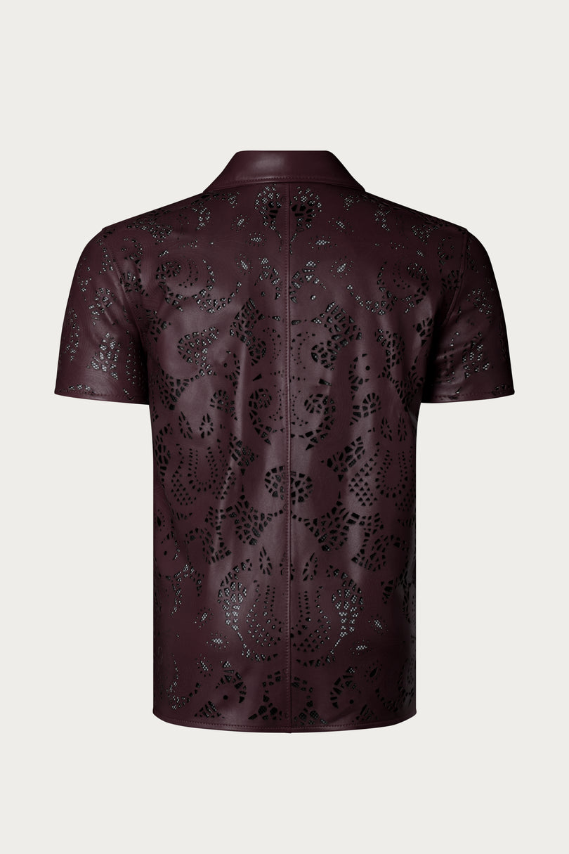 Men's Cut-out Laser Leather Shirt - Wine - Ron Tomson Leather