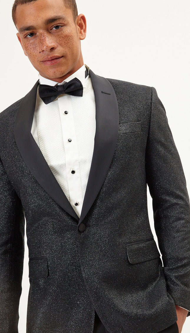 Dazzling Sparkle Shawl Lapel Tuxedo Jacket - Black - Ron Tomson
