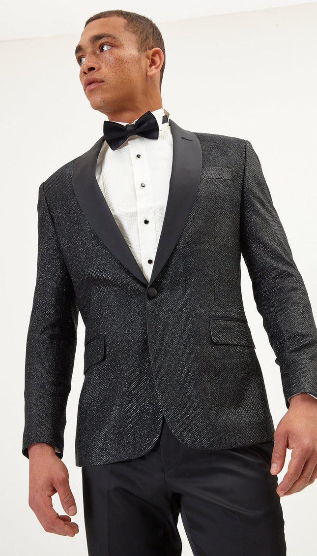 Dazzling Sparkle Shawl Lapel Tuxedo Jacket - Black - Ron Tomson