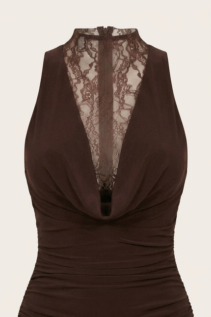 Lace and Stretch Short Dress - Brown - Detail