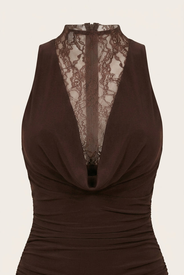 Lace and Stretch Short Dress - Brown - Detail