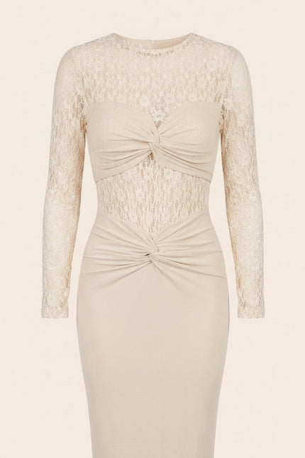 Long Sleeve Laced Dress - Beige - Detail