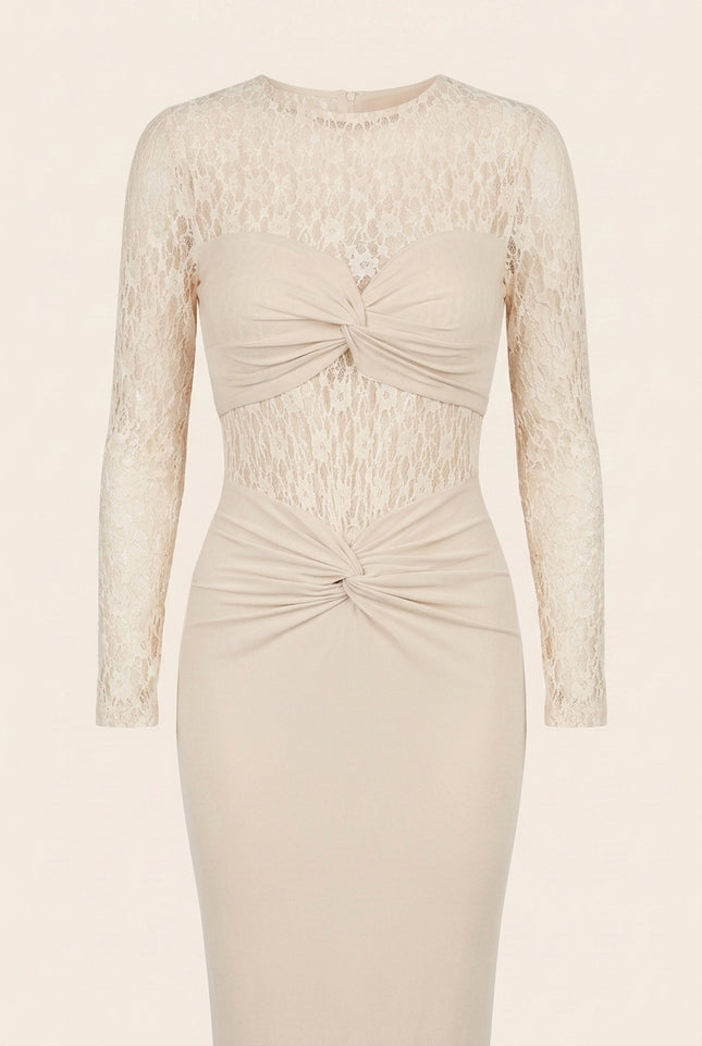 Long Sleeve Laced Dress - Beige - Detail
