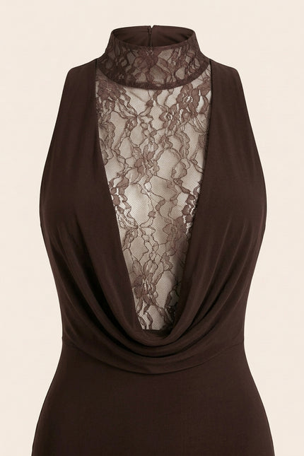Sleeveless Lace Dress - Brown - Detail