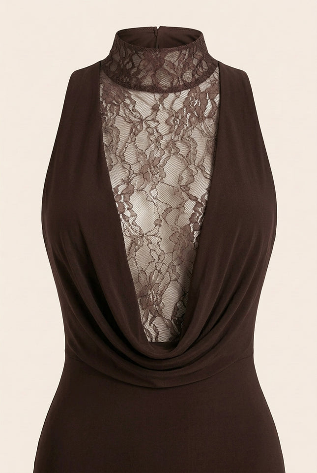 Sleeveless Lace Dress - Brown - Detail