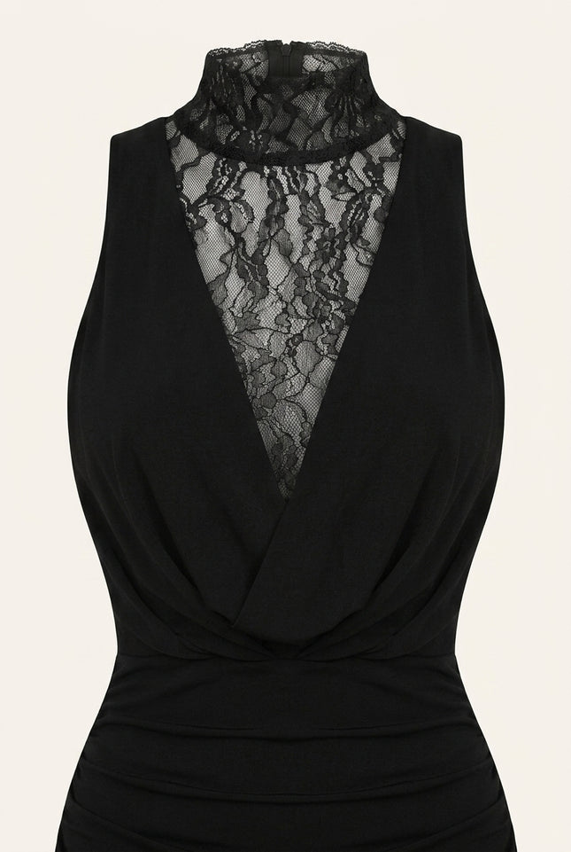 Sleeveless Lace Dress - Black - Detail