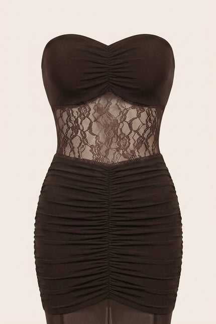 Scrunchy and Lace Dress - Brown - Detail