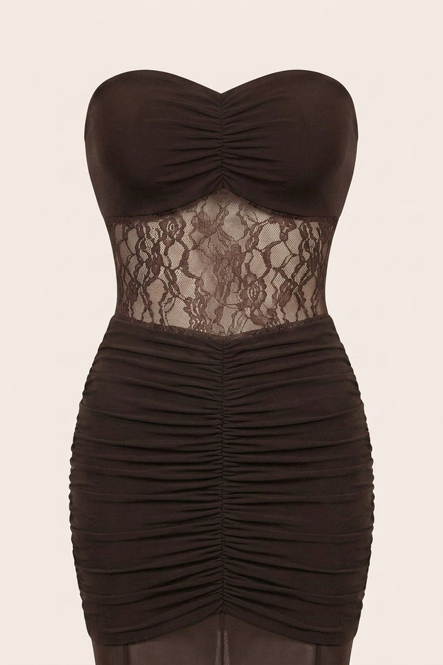 Scrunchy and Lace Dress - Brown - Detail