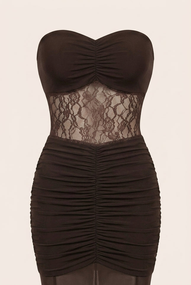 Scrunchy and Lace Dress - Brown - Detail