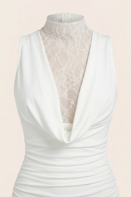 Lace and Stretch Short Dress - White - Detail