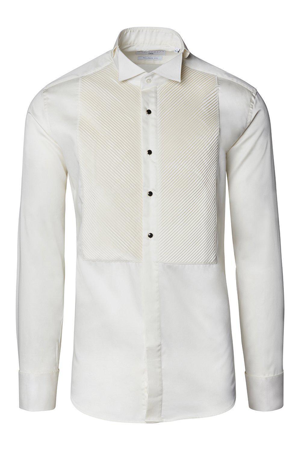 Men's Diagonal Pleated Wing Collar Shirt - Beige | Ron Tomson Men's Diagonal Pleated Wing Collar Shirt - Beige | Ron Tomson