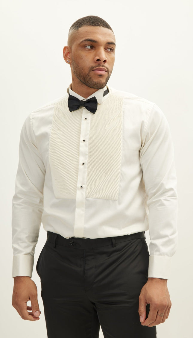 Diagonal Pleated Wing Tip Collar Shirt - Beige - Ron Tomson