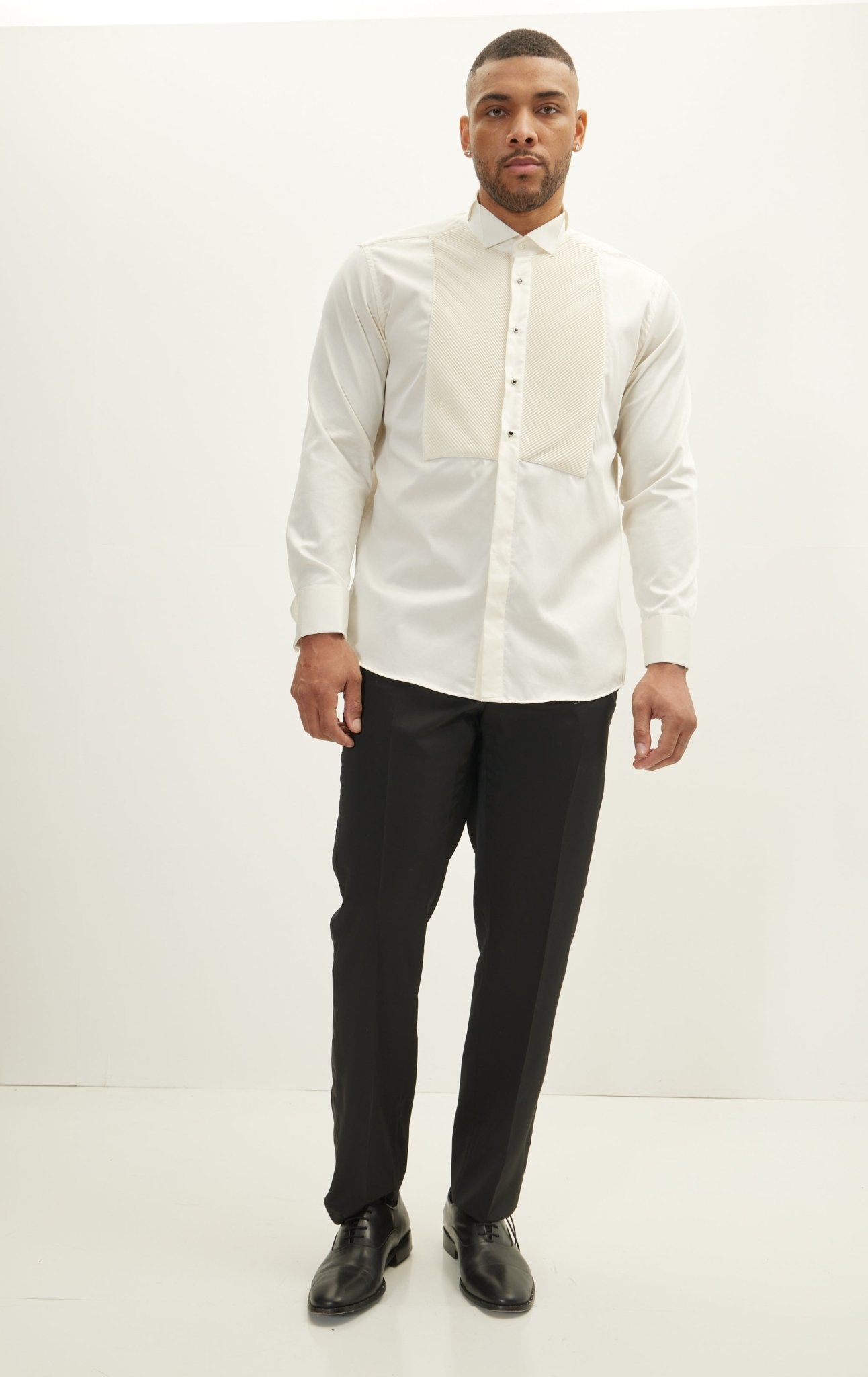 Diagonal Pleated Wing Tip Collar Shirt - Beige - Ron Tomson