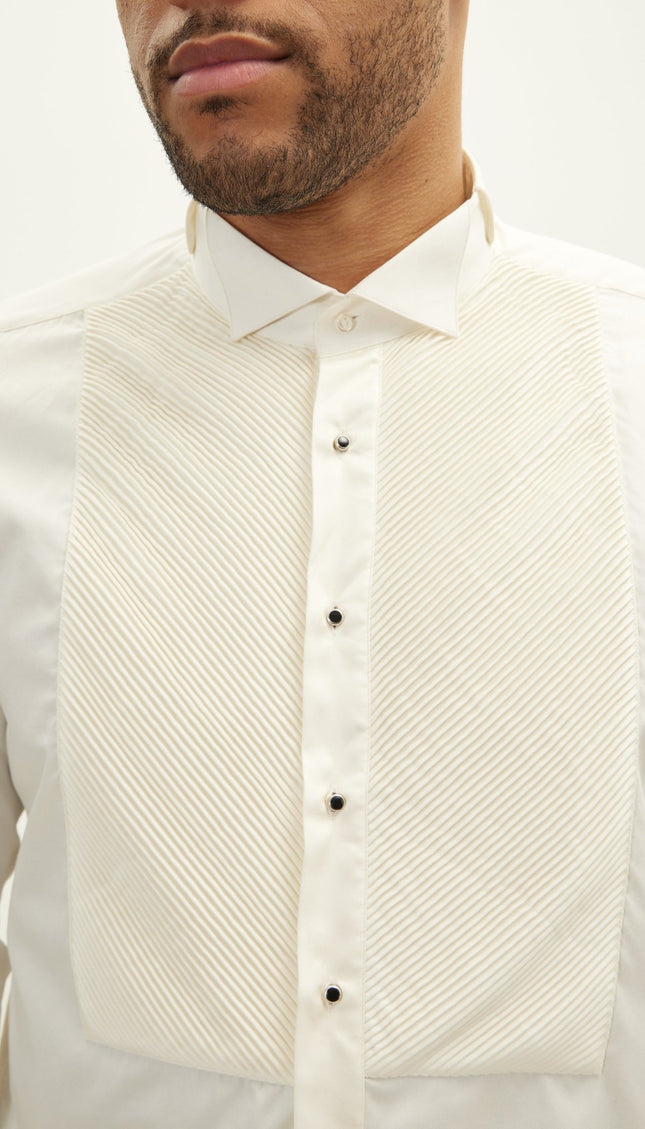 Diagonal Pleated Wing Tip Collar Shirt - Beige - Ron Tomson
