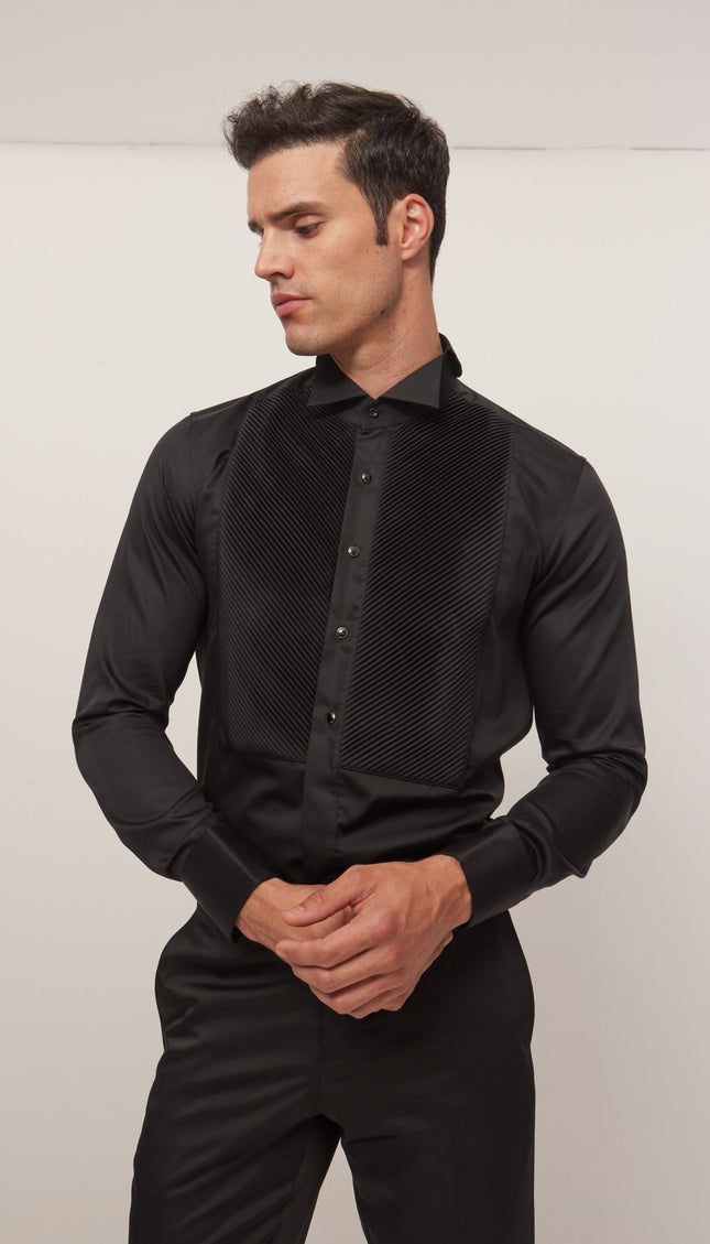 Diagonal Pleated Wing Tip Collar Shirt - Black - Ron Tomson