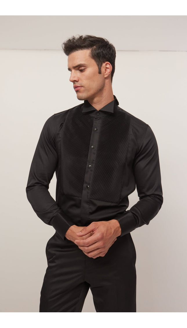 Diagonal Pleated Wing Tip Collar Shirt - Black - Ron Tomson