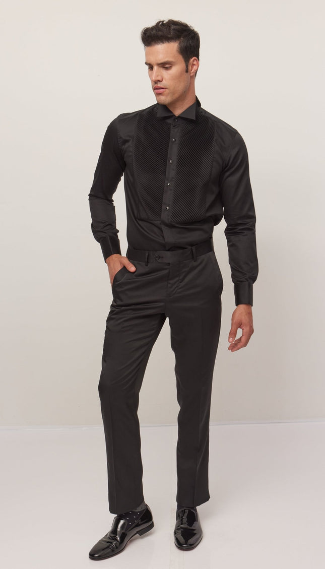 Diagonal Pleated Wing Tip Collar Shirt - Black - Ron Tomson