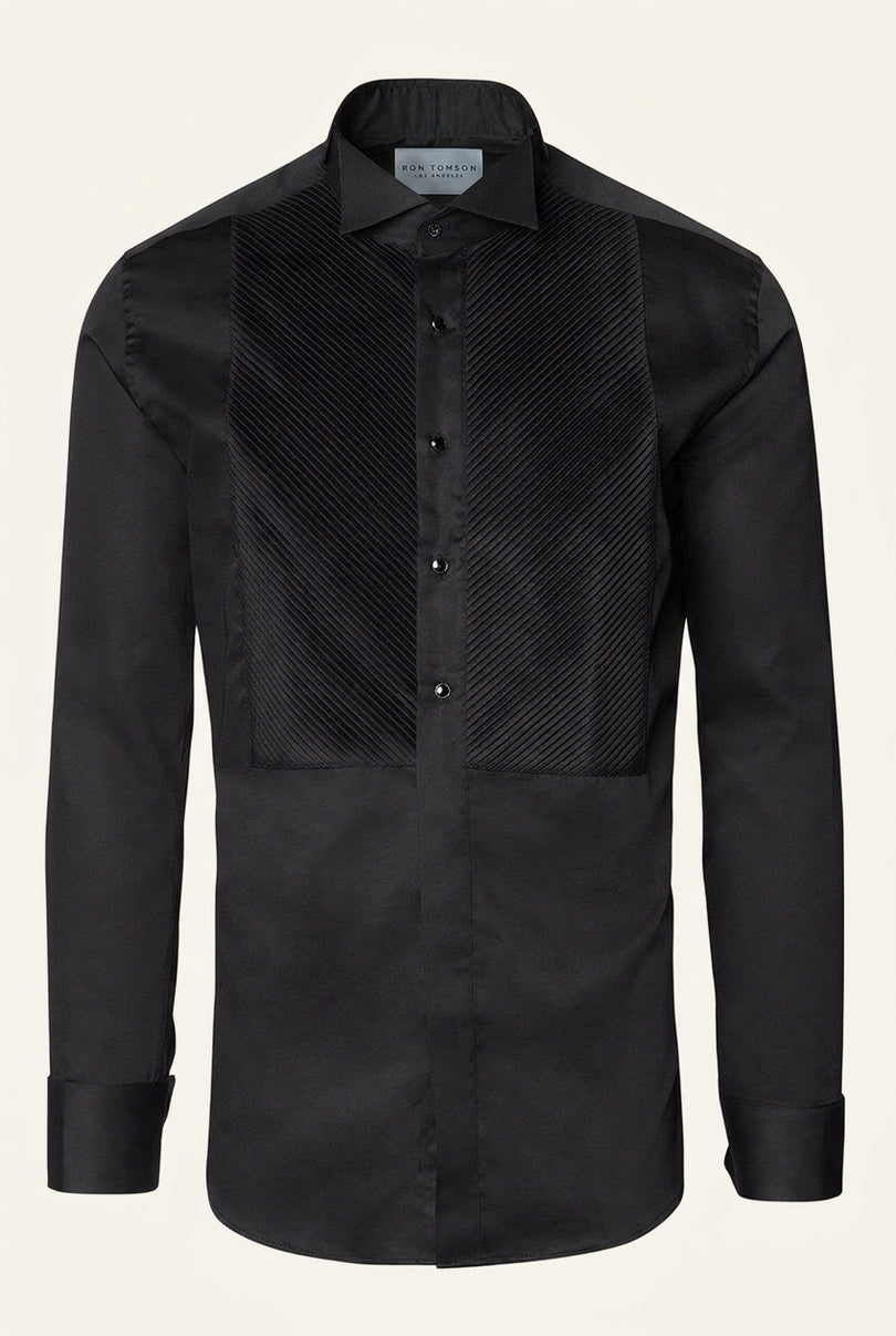 Diagonal Pleated Wing Tip Collar Shirt - Black - Front