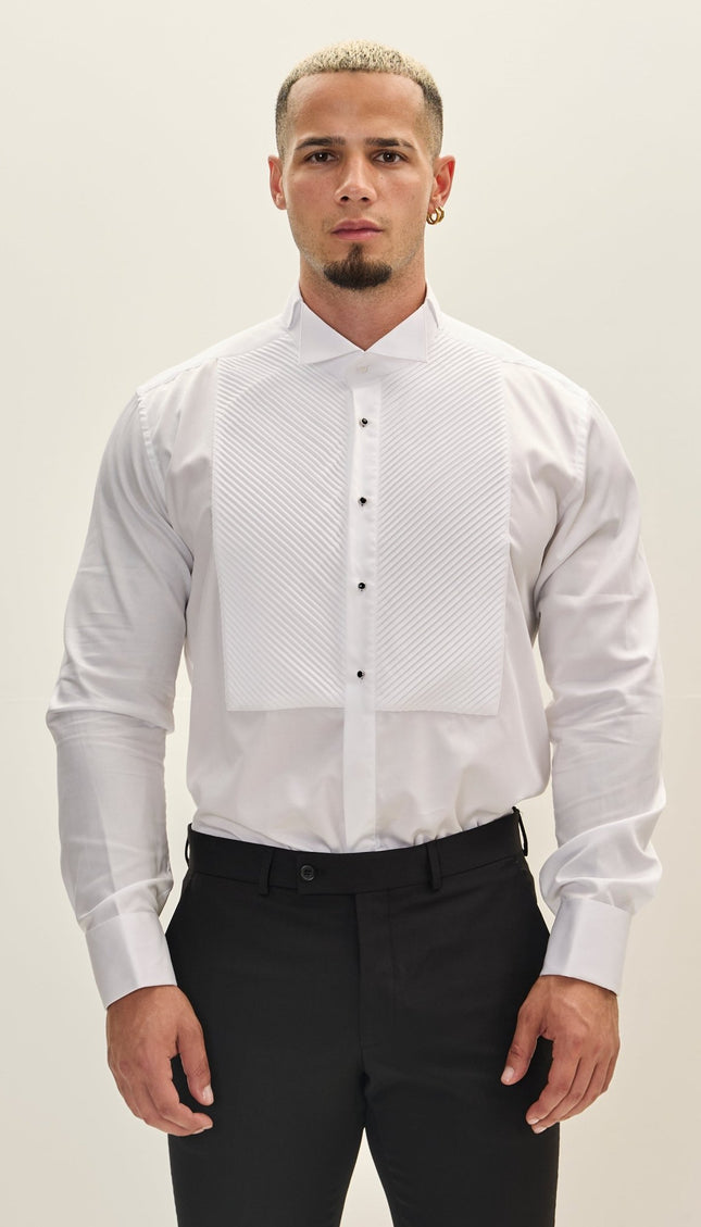 Diagonal Pleated Wing Tip Collar Shirt - White - Ron Tomson