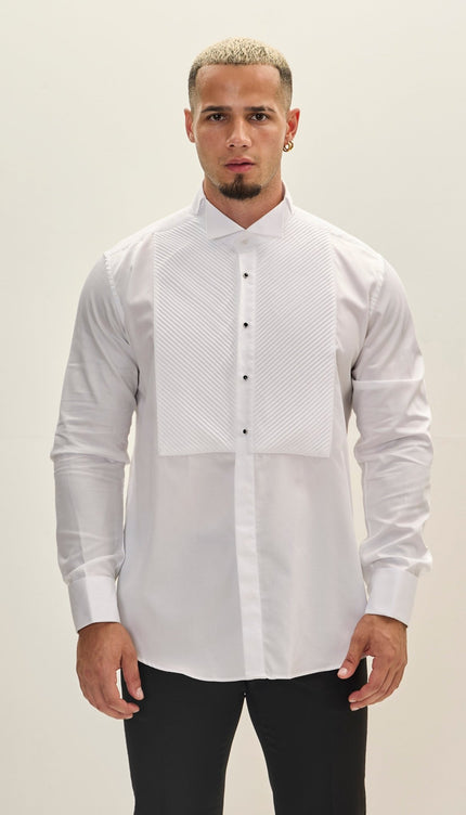Diagonal Pleated Wing Tip Collar Shirt - White - Ron Tomson