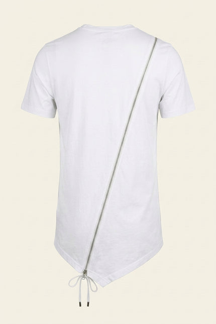 Diagonal Zipper Cotton Tee - White - Back