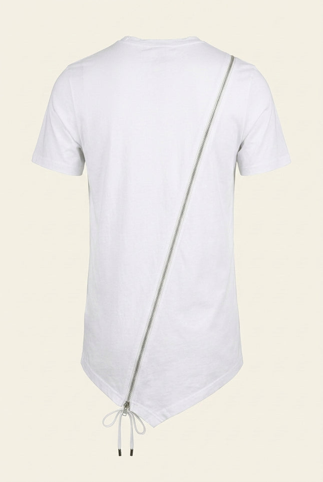 Diagonal Zipper Cotton Tee - White - Back
