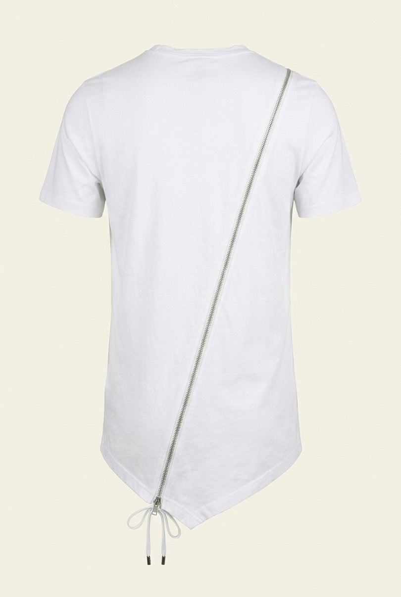 Diagonal Zipper Cotton Tee - White - Back