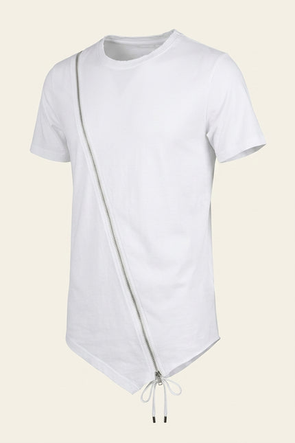 Diagonal Zipper Cotton Tee - White - Front