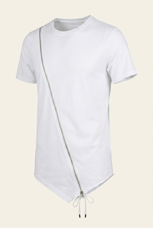 Diagonal Zipper Cotton Tee - White - Front