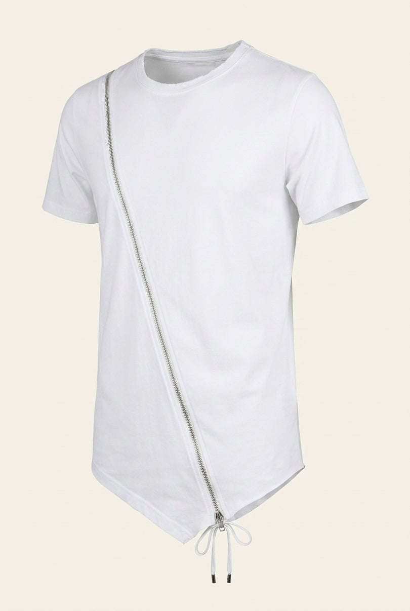 Diagonal Zipper Cotton Tee - White - Front
